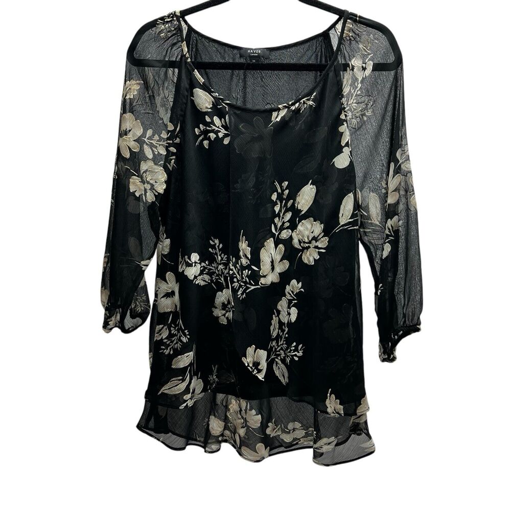 Haver London Black Cream Gold Floral Sheer Balloon Sleeve Blouse Women's Size S